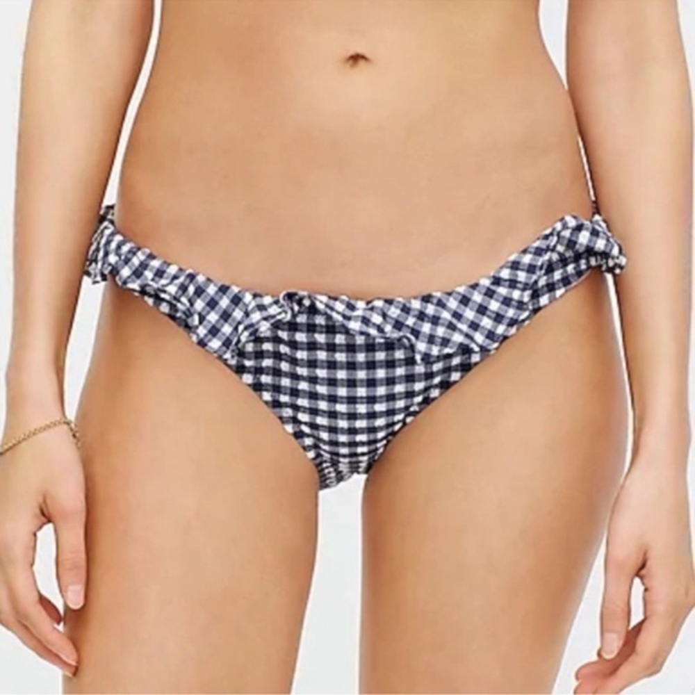 NEW J. Crew Bikini Bottom L Ruffle Gingham Crepé dark navy white